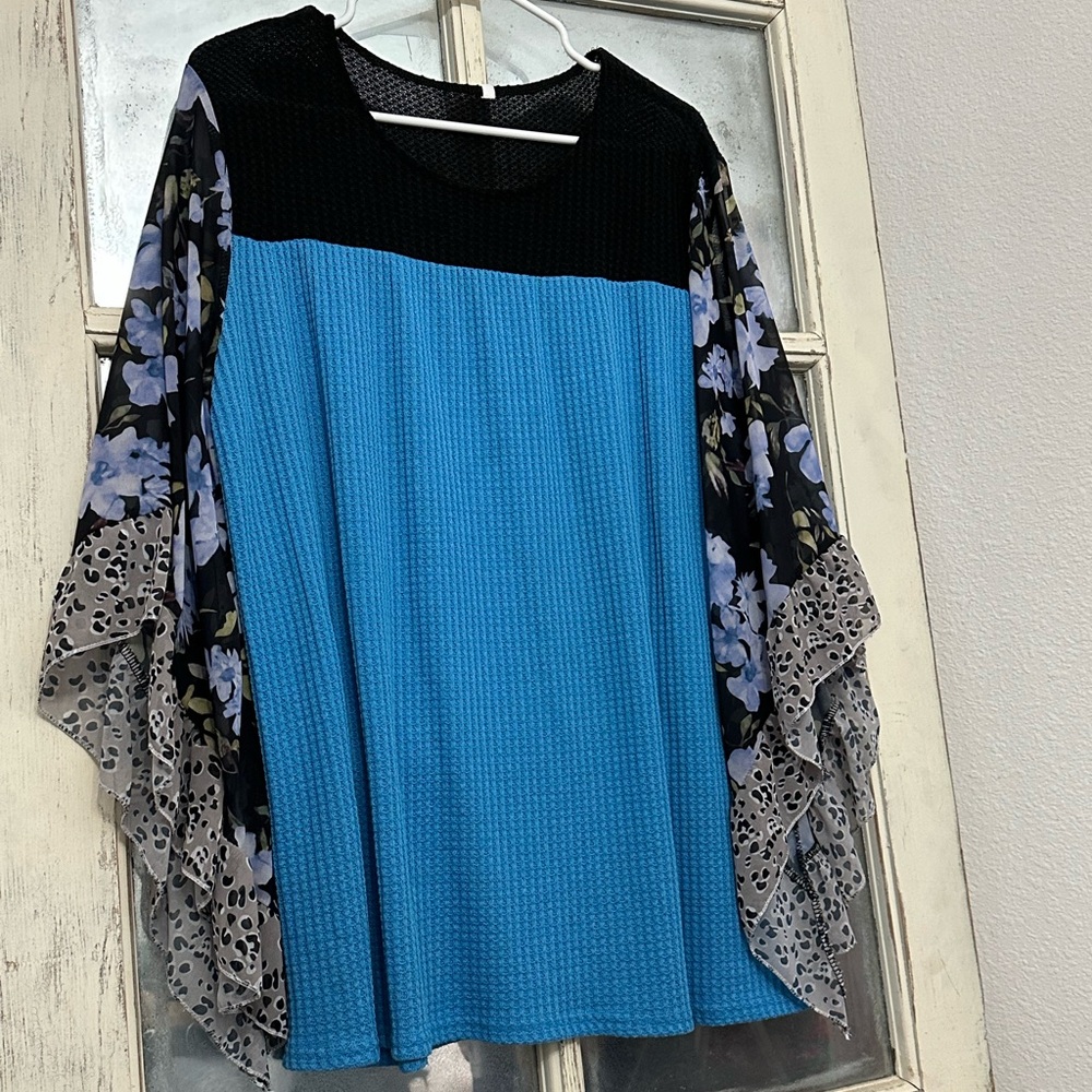 Blue and Black Top with Floral Sleeves